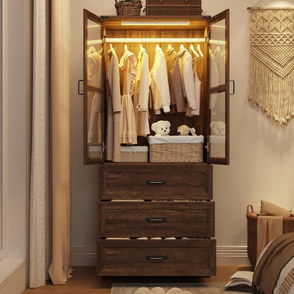 75" Tall Farmhouse 2 Doors Armoire Wardrobe Closet with 3 Drawers and LED,Freestanding Closet Wardrobe Cabinet for Bedroom with Hanging Rod,Wooden Armoire Storage Cabinet with Adjustable shelve(Brown)