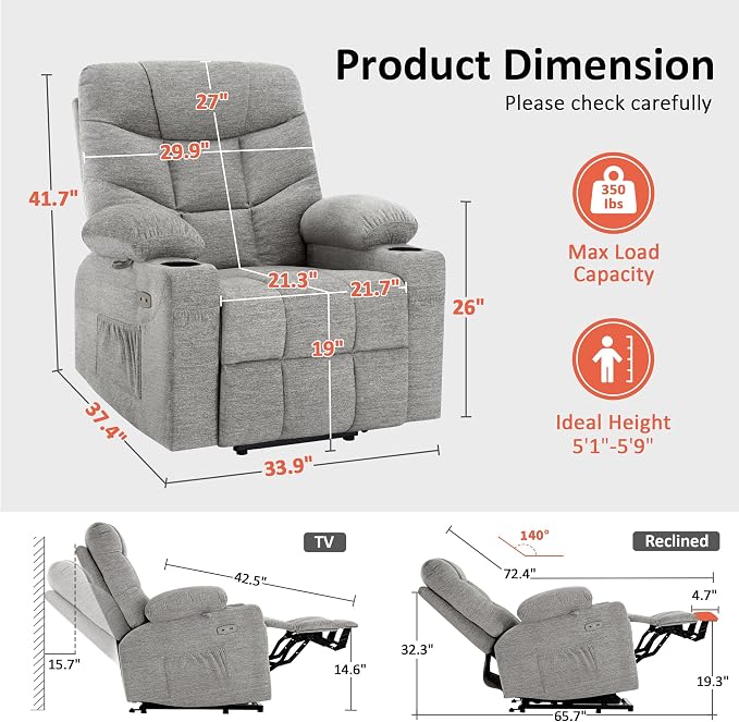 MCombo Power Lift Recliner Chair with Extended Footrest for Elderly People, Fabric 7287 (Light Grey, Medium)
