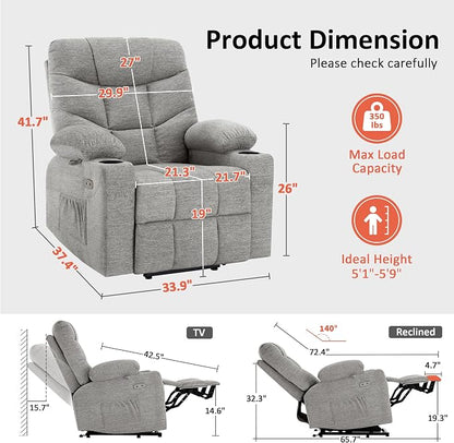 MCombo Power Lift Recliner Chair with Extended Footrest for Elderly People, Fabric 7287 (Light Grey, Medium)