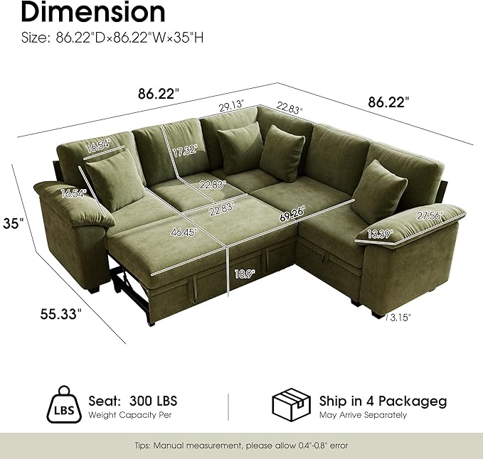 Sectional Sleeper Sofa with Pull Out Bed, 86" L Shaped 5 Seat Couch with 151L Storage, Convertible Cloud Couch Bed, Modular Sectional Couches for Living Room, Apartment (Green)