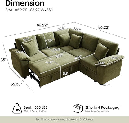 Sectional Sleeper Sofa with Pull Out Bed, 86" L Shaped 5 Seat Couch with 151L Storage, Convertible Cloud Couch Bed, Modular Sectional Couches for Living Room, Apartment (Green)