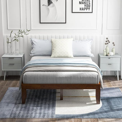 Giantex 14 Inch Full Platform Bed Frame, Minimalist Style Mattress Foundation with Solid Rubber Wood, Heavy Duty Wood Slat Support, Without Headboard, Easy Assembly, No Box Spring Needed,Walnut