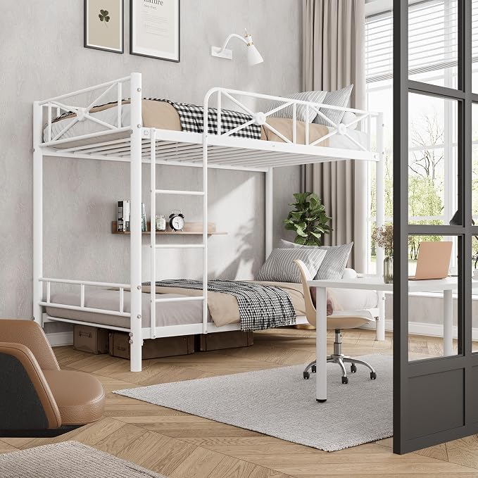 Garvee Metal Bunk Bed Twin Over Twin, Industrial Bunkbeds Heavy Duty Bed with Safety Guard Rails and Space-Saving Design, Steel Bed for School, Bedroom, White
