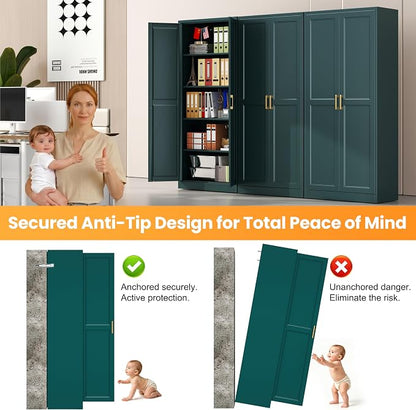 71" Metal Pantry Cabinet,Storage Cabinet with Doors and Shelves | Metal Storage Cabinet,Gold Handles,Adjustable Shelves,Magnetic Doors,Leveling Feet,Anti-tipping,for Kitchen/Garage Green