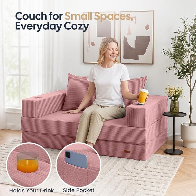 COMAX Futon Sofa Bed, Convertible Sofa Bed, Folding Boneless Couches | Boneless Couch for living room, 4‑in‑1 Fold Out Small Foldable Loveseat Floor Sleeper Mattress Lounge Space‑Saving, Pink
