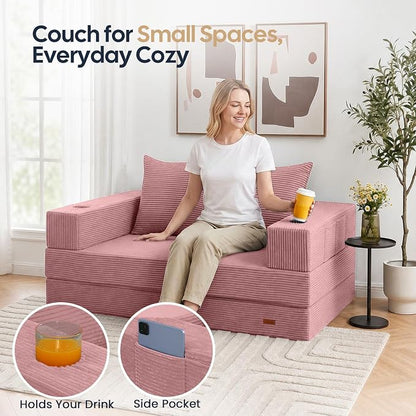 COMAX Futon Sofa Bed, Convertible Sofa Bed, Folding Boneless Couches | Boneless Couch for living room, 4‑in‑1 Fold Out Small Foldable Loveseat Floor Sleeper Mattress Lounge Space‑Saving, Pink