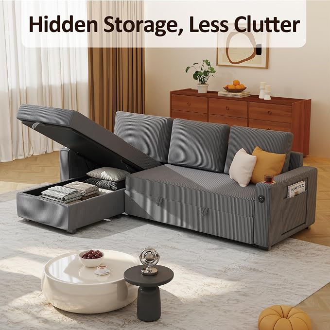 Ball & Cast 80" Sectional Sleeper Sofa Bed Pull Out Couches for Living Room | L Shaped Convertible Pull Out Sofa Bed with Storage Chaise, Foldable Table, USB Port, Cup Holder, Side Pocket for Small Space