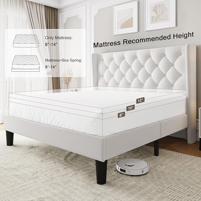 Einhomn Queen Size Platform Bed Frame with Velvet Upholstered Wingback Headboard, 10" Under Bed Space, Wooden & Metal Slats Support, No Box Spring Needed, White