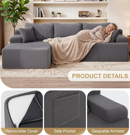 Hobestluk Modular Sectional Sofa Couches L-Shape Couch 3 Seat Modular Sofa Memory Foam Sectional Couches for Living Room, Cloud Couch with Oversized Chaise (Grey Smooth, 108", Left Hand Facing)