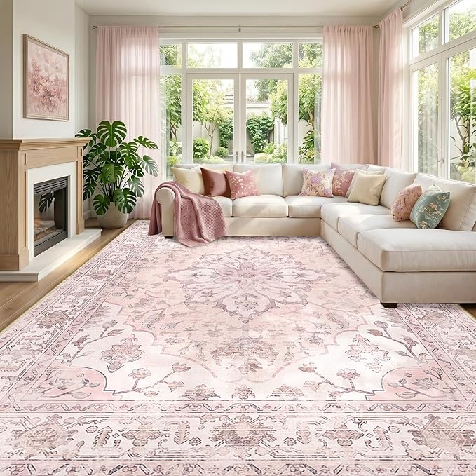 RELEANY Area Rugs Large 9'x12' Washable Non-Slip, Floral Vintage Distress Medallion Carpet for Living Room Bedroom Dining Room, Pink Greypink Cute