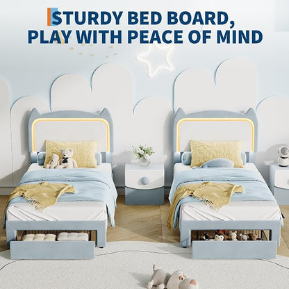 Garvee Twin Upholstered LED Bed Frame with Storage Drawer & Cute Cat Headboard, Velvet Princess Platform Bed Frame with Sturdy Wood Slats Support for Girls/Kids, No Box Spring Needed, Blue