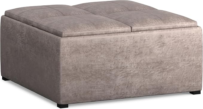 SIMPLIHOME Avalon Wide Contemporary Square Coffee Table Storage Ottoman, Distressed Grey Taupe, Table Ottoman