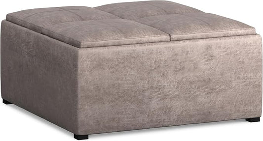 SIMPLIHOME Avalon Wide Contemporary Square Coffee Table Storage Ottoman, Distressed Grey Taupe, Table Ottoman