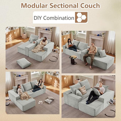 96" Modular Sectional Sofa, Modern Corduroy Cloud Couch with Deep Seat, Boneless Couch Upholstered 3-Seater L-Shaped Sofa for Living Room, No Assembly Required (Light Gray, Left-Facing Chaise)