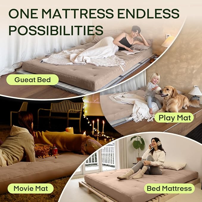 ZonLi Japanese Floor Futon Mattress Twin Size 39"x 75",100% Cotton Cover 6'' Thicken Tatami Mattress,Foldable Sleeping Pad,Portable Dormitory Tatami Mat,Roll Up Floor Lounger Bed for Adult (Khaki)