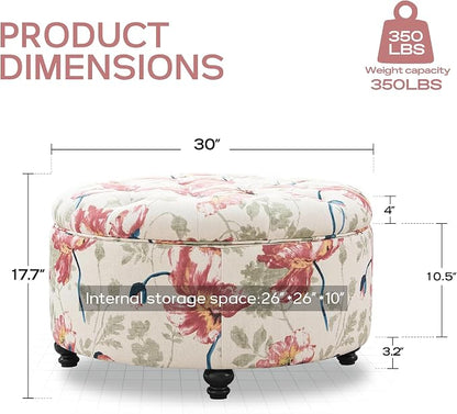 HUIMO 30-Inch Round Storage Ottoman, Modern Button Tufted Ottoman Coffee Table with Removable Top for Living Room, Bedroom and Office(Red Flower)