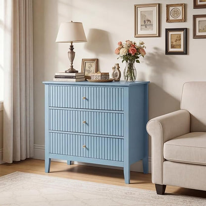 RoyalCraft 32" Large Nightstand, Fluted Painted Wood Bedside Table with 3 Spacious Drawers, Modern End Table for Bedroom, Living Room, Light Blue