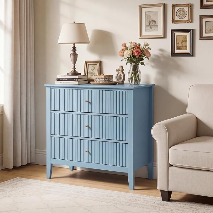 RoyalCraft Fluted 3 Drawer Dresser Set of 2, 32'' Wide Dresser Nightstand for Bedroom, Modern Wood Chest of Drawers, Large Painted Nightstand with 3 Drawers for Closet, Hallway, Entryway, Light Blue