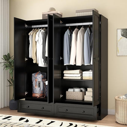 Armoire Wardrobe Closet with Drawers: 74" Bedroom Closet for Hanging Clothes, Black Wardrobes Closets with Doors, Modern Armoire Cabinet with Shelves (Black, 63")