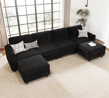 KKL 6 Seater 108‘’ Sofa Bed with Storage Ottoman - Convertible L/U-Shaped Sleeper Couch for Living Room, Modular Sectional Sofa Couch, Modern Reversible Design (Black,6 Seater U Shape)