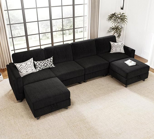 KKL 6 Seater 108‘’ Sofa Bed with Storage Ottoman - Convertible L/U-Shaped Sleeper Couch for Living Room, Modular Sectional Sofa Couch, Modern Reversible Design (Black,6 Seater U Shape)