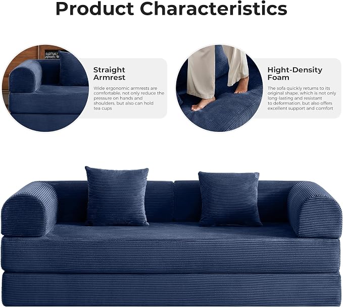 79" 5-in-1 Convertible Sofa Bed No Assembly, Boneless Couch Bed with High Density Foam, Foldable Sleeper Sofa, Corduroy Modular Couch for Apartment, Studio, Dorm Room, Small Space, Navy Blue