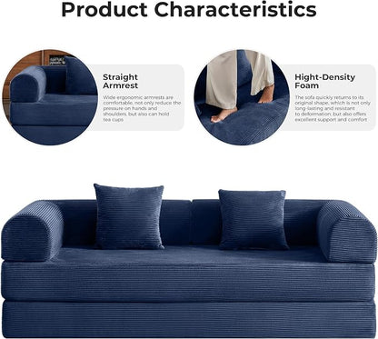79" 5-in-1 Convertible Sofa Bed No Assembly, Boneless Couch Bed with High Density Foam, Foldable Sleeper Sofa, Corduroy Modular Couch for Apartment, Studio, Dorm Room, Small Space, Navy Blue