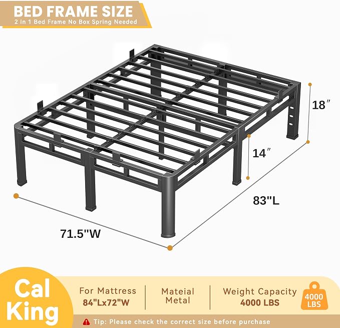 18 Inch Cal King Bed Frame Heavy Duty, Metal Double Layer Steel 4000 lbs Capacity, Platform with Large Under Bed Storage Space, No Box Spring Needed, Noise-Free, Easy Assembly