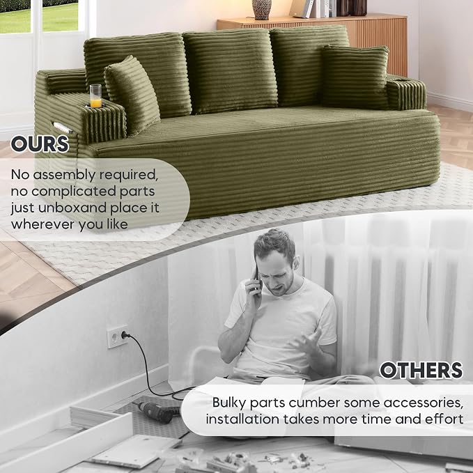 86.2'' Boneless Sofa Couch with Cup Holders & Side Pockets, Modern Corduroy Fabric Upholstered 3-seat Couch with 2 Throw Pillows for Living Room, Office, No Assembly (Green)