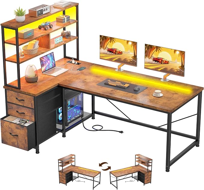 DurayLoly Office Desk with 3 Fabric Drawers & Shelf, Reversible L Shaped Desk Computer Desk with Remote LED Lights, Power Outlet and PC Stand for Home Office Desk, Corner Desk for Bedroom, Brown