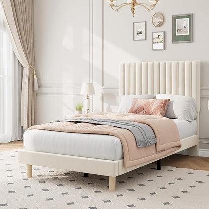 IDEALHOUSE Twin Bed Frame with Adjustable Headboard, Velvet Upholstered Platform Twin Size Bed Frame, Vertical Channel Tufted, Strong Wooden Slats, No Box Spring Needed, Easy Assembly, Beige