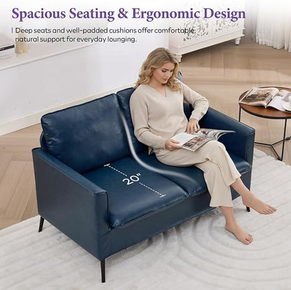 TYBOATLE Faux Leather Loveseat Sofa and Accent Chair Set of 2, Comfy Love Seat Couch and Chair Set, Mid-Century Modern 2 Seat Couches for Small Spaces, 3 Pieces Living Room Furniture Sets (Blue, 3)