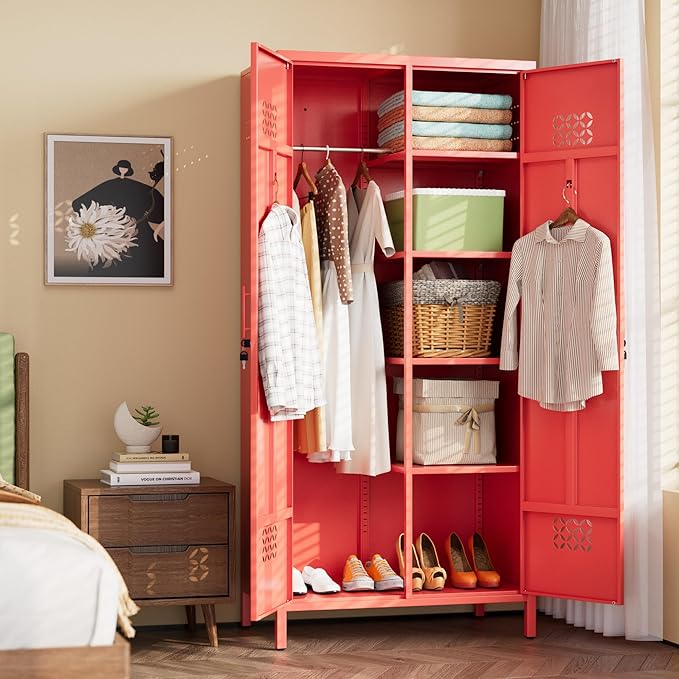 SUPEER 2 Door Red Metal Storage Locker Wardrobe Cabinet | 71 in metal wardrobe cabinet with lock, adjustable shelves, and hanging rods for home, office, garage, gym, or staff storage.