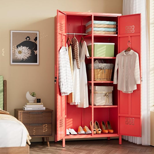 SUPEER 2 Door Red Metal Storage Locker Wardrobe Cabinet | 71 in metal wardrobe cabinet with lock, adjustable shelves, and hanging rods for home, office, garage, gym, or staff storage.