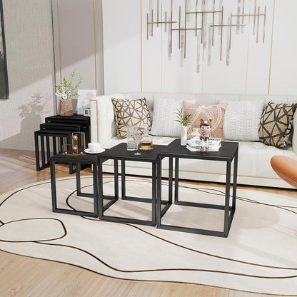 Nesting Table Set of 3 Side Tables, Modern Coffee Table Stacking End Table with Metal Frame，Black