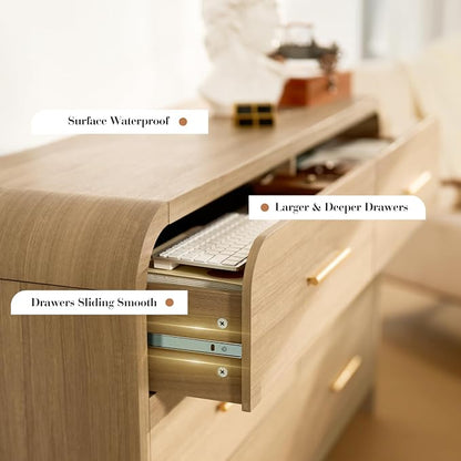 Curved 6-Drawer Dresser for Bedroom, 54" Wide Modern Chest of Drawers, Vanity Desk TV Stand for Living Room, Closet Storage Drawers Organizer Furniture, Nursery, Hallway, Grey Oak