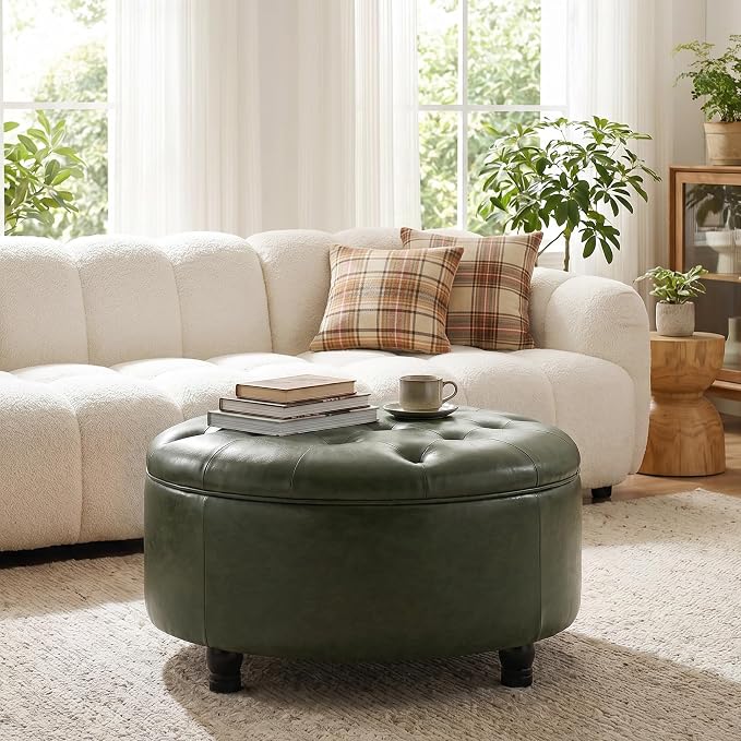 30-Inch Round Storage Ottoman, Button Tufted Ottoman Coffee Table with Removable Top for Living Room, Bedroom, Office (Green)