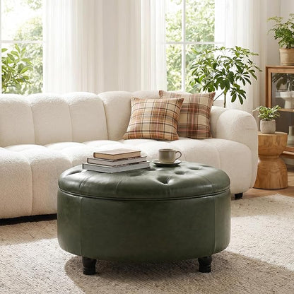 30-Inch Round Storage Ottoman, Button Tufted Ottoman Coffee Table with Removable Top for Living Room, Bedroom, Office (Green)