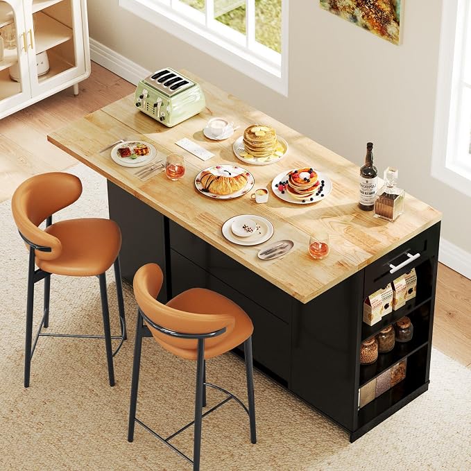 Dripex 53'' Rolling Kitchen Island with Power Outlet, Drop Leaf & Trash Can Storage, Large Island Cart on Wheels with Rubberwood Top, 4 Drawers, Open Shelves, for Kitchen, Dining Room (Black)