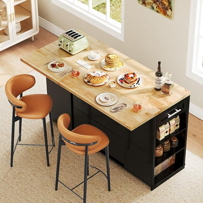 Dripex 53'' Rolling Kitchen Island with Power Outlet, Drop Leaf & Trash Can Storage, Large Island Cart on Wheels with Rubberwood Top, 4 Drawers, Open Shelves, for Kitchen, Dining Room (Black)
