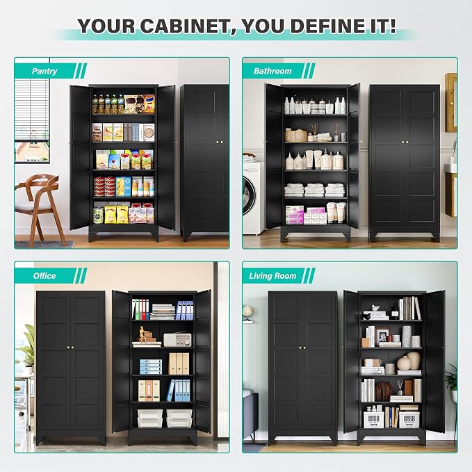 SISESOL Pantry Storages Cabinet with 2 Doors and 5 Shelves,Tall Storage Cabinet,Large Cupboard Closet,Metal Storage Cabinet for Home,Bathroom,Dining/Living Room (Black, 71" H)