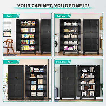SISESOL Pantry Storages Cabinet with 2 Doors and 5 Shelves,Tall Storage Cabinet,Large Cupboard Closet,Metal Storage Cabinet for Home,Bathroom,Dining/Living Room (Black, 71" H)