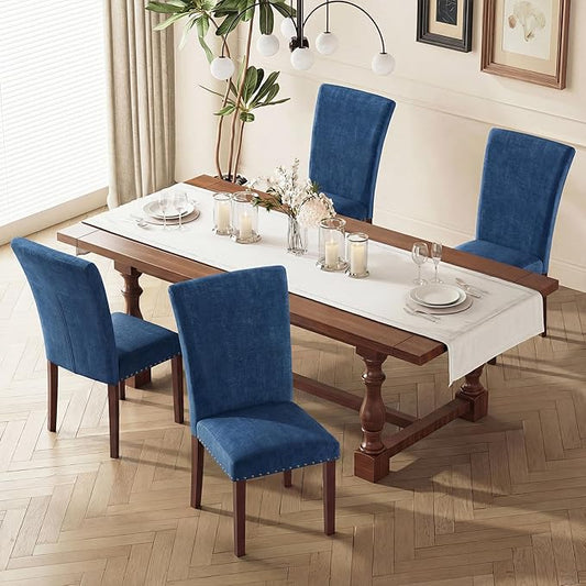 MALOL Dining Chairs Set of 4, High Back Dining Chair with Wood Legs and Nailhead Trim, Modern Padded Kitchen Room Chairs for Dining Room/Restaurant, Dark Blue