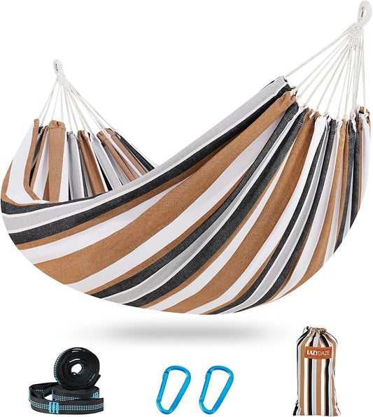 Lazy Daze Hammocks Double Brazilian Cotton Hammock, Extra Large Portable Outdoor Camping Hammock with Tree Straps & Travel Bag for Backyard Patio Poolside Indoor, 550lbs Capacity, Brown & White