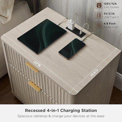 T4TREAM 23'' Fluted Nightstand Swith Charging Station, Large 2 Drawer Side Table, Modern End Table with Storage, Mid Century Bedside Table for Bedroom, Living Room, Curved Profile, White Alder