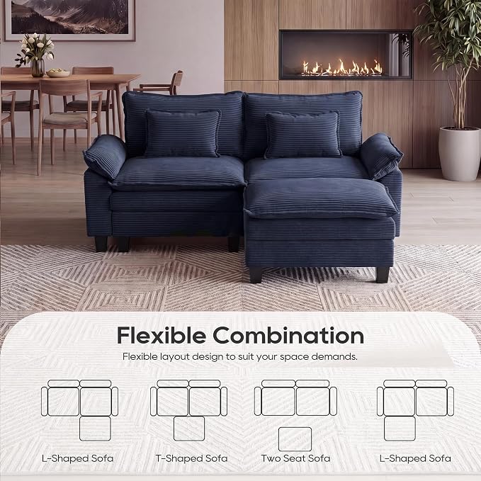 URRED Oversized Modular Sectional Sofa, 87" L Shaped Modern Comfy Cloud Couch with Movable Ottoman & Pillows, Deep Seat Couches for Living Room, Bedroom or Apartment (Corduroy Blue, 87" L Shaped)