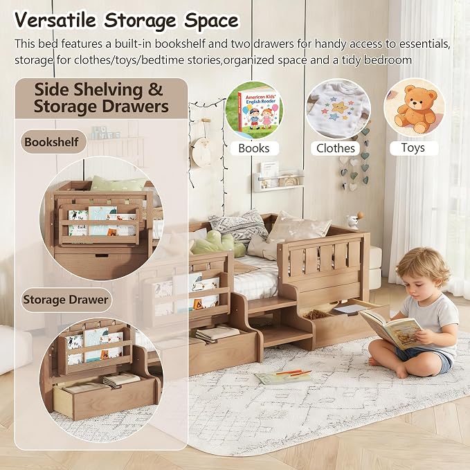 Bellemave Twin Kids Montessori Bed with Stairs, Bookshelf and Drawers, Solid Wood Kids Bed Frame with Storage for Boys Girls, Low Profile,Natural