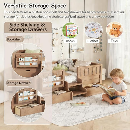 Bellemave Twin Kids Montessori Bed with Stairs, Bookshelf and Drawers, Solid Wood Kids Bed Frame with Storage for Boys Girls, Low Profile,Natural
