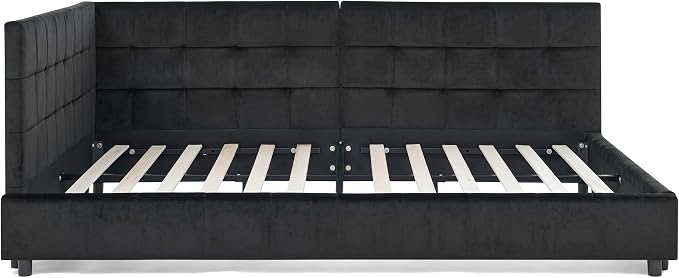 Bellemave Full Size Corner Bed Frame with Comfortable Backrest and Armrests, Velvet Tufted Corner Bed Frame Full Size, Upholstered Daybed for Bedroom, Living Room, Guest Room, Black