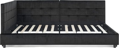 Bellemave Full Size Corner Bed Frame with Comfortable Backrest and Armrests, Velvet Tufted Corner Bed Frame Full Size, Upholstered Daybed for Bedroom, Living Room, Guest Room, Black